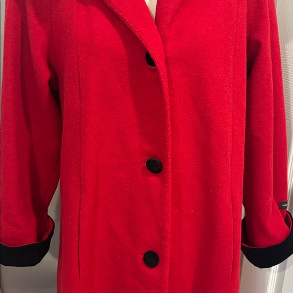 Donnybrook red and black 100% wool coat with genuine fur trim hood size 12 - Picture 2 of 16